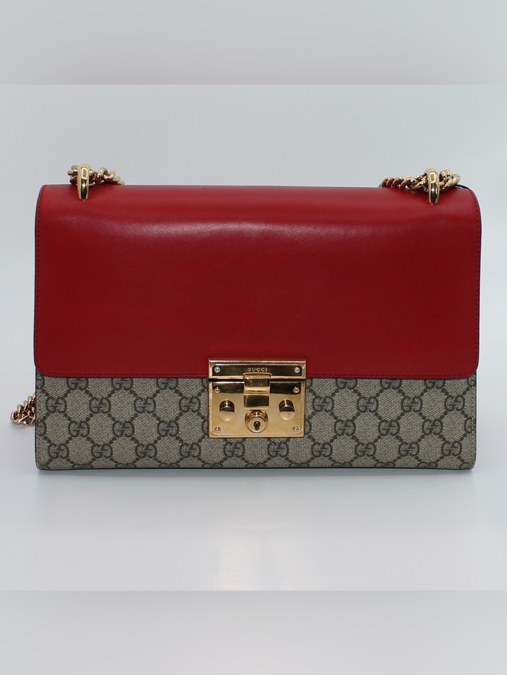 Gucci GG Supreme Canvas Padlock Shoulder Bag Red Pink Leather Gold Chain